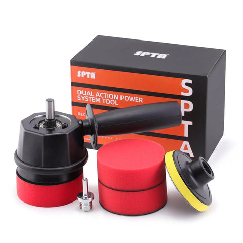 Forced Dual Action Polisher Adapter Kit with Three Polishing Pads for Cordless Drill displayed with handle and packaging