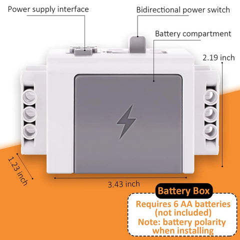 Battery box of 9 In 1 Motor Kit For Stud Building Blocks with dimensions and power switch detailed view.
