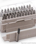 36 Piece Alphabet And Number Stamp Set With Built In Alignment Tools For Precise Imprinting On Metal Plastic And Wood One Eighth Inch 3mm Punch Hardened To HRC 62 With Durable Storage Box Made In USA