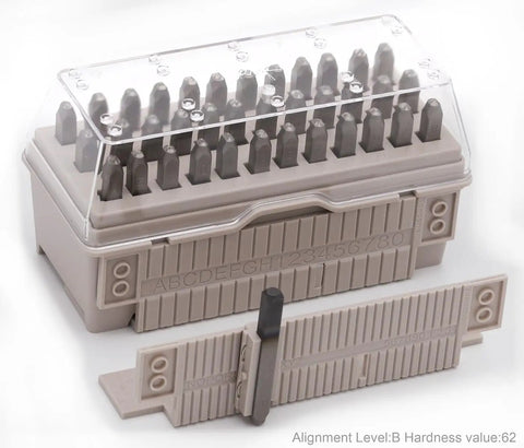36 Piece Alphabet And Number Stamp Set With Built In Alignment Tools For Precise Imprinting On Metal Plastic And Wood One Eighth Inch 3mm Punch Hardened To HRC 62 With Durable Storage Box Made In USA