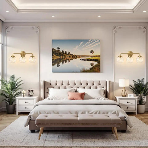 Bedroom with Three Light Vanity Wall Sconce Over Mirror In Matte Gold Finish, transparent glass ball shades above nightstands