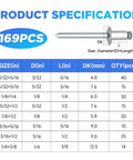 169 Piece Aluminum Blind Rivet Kit With 8 Sizes For Metal Projects And DIY Repairs, detailed size chart and specifications