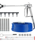 Pro Move Airless Paint Spray Gun And Hose Kit Featuring 3600 PSI with five nozzles, blue hose, and extension rods for paint projects.