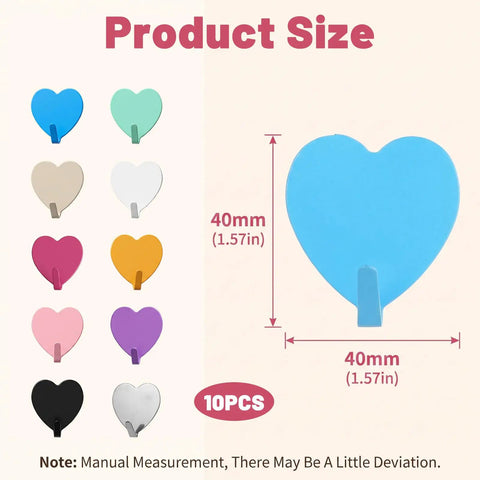 Hella Cute 10 Pack Heart Wall Hooks Super Sturdy Adhesive Mount Easy No Sweat Install Rust Resistant Stainless Steel Heavy Duty Stick On Organizers For Home Decor And Storage showing different colors and size 40mm.