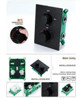 In Wall Concealed Waterfall Shower System control panel featuring black knobs, brass body, and green installation box.