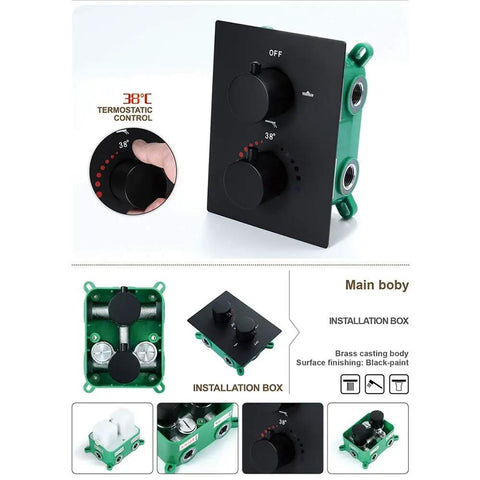 In Wall Concealed Waterfall Shower System control panel featuring black knobs, brass body, and green installation box.