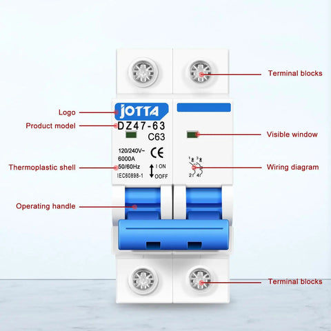 Front view of 63 Amp Two Pole AC Miniature Circuit Breaker For 120 To 240V Systems With DIN Rail Mount DZ47-63 50/60Hz Built To Last