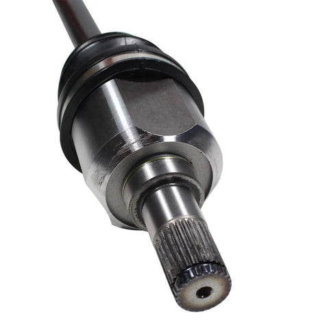 Close-up of Left Front CV Axle Shaft Assembly Built To Crush Potholes With Plug And Play Fitment, showing steel details.