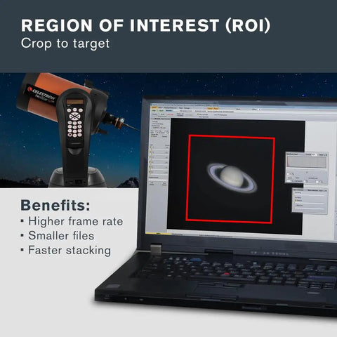 Laptop displaying ROI on planetary imaging with Dope 20 MP Solar System Camera With AR2020 Back Illuminated Sensor For Ultra Crisp Moon Planets And Solar Imaging USB C ROI Autoguiding Plug And Play To Any Telescope Or PC