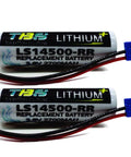 Pack of 2 3.6V 2700mAh LS14500-RR Lithium PLC Memory Batteries, shown with wire leads