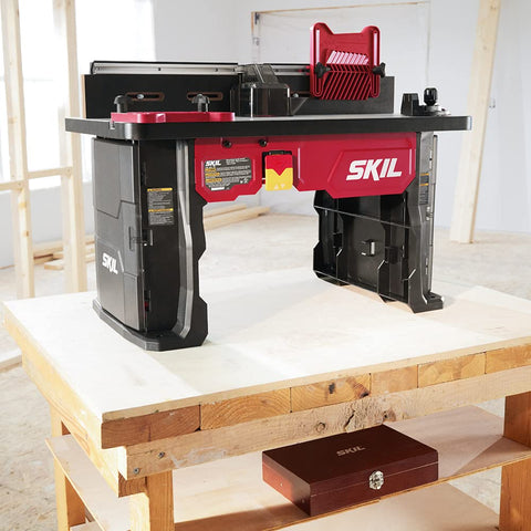 Benchtop Portable Router Table With Above Table Lift And Dual Sided Bit Storage Fits RT1323 00 And RT1322 00 Routers Not Included great for DIYers and woodworking pros, table on wooden workbench