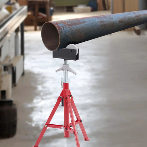 Beefy Portable High Pipe Stand With Roller Head in workshop holding a metal pipe on uneven floor