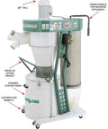 Heavy Duty 3 Hp Portable Cyclone Dust Collector Hog For Woodworking Shops shows 82" tall unit with crank handle and casters for mobility.