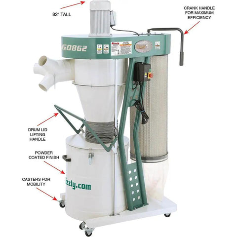 Heavy Duty 3 Hp Portable Cyclone Dust Collector Hog For Woodworking Shops shows 82" tall unit with crank handle and casters for mobility.