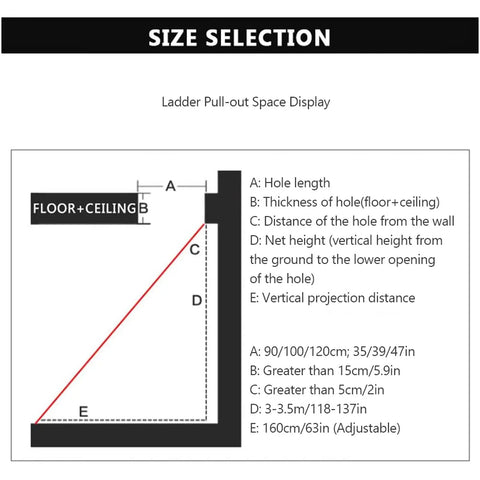 Size selection diagram for Heavy Duty Electric Attic Ceiling Ladder With Telescopic Stairs And Non Slip Folding Steps.