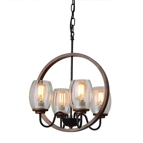 Industrial round chandelier with glass shades and black metal chain, featuring four Edison bulbs in rustic vintage style.