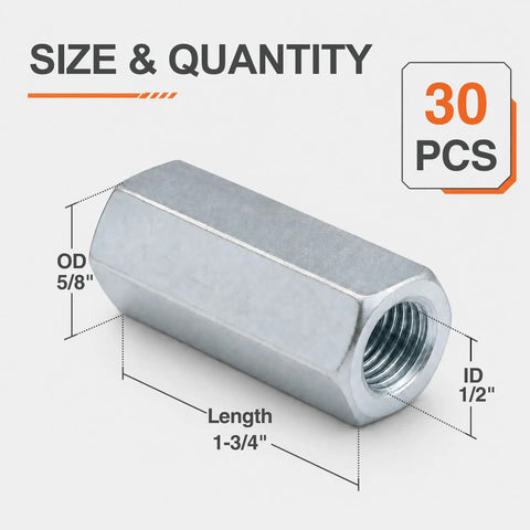 Heavy Duty 1/2-13 Hex Coupling Nut Set With Zinc Plated Carbon Steel Rod Connectors 1-3/4 Inch Length 30-Piece Industrial Joint Kit showing size and thread dimensions