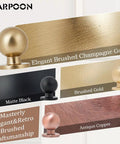 Various finishes of cabinet knobs including Champagne Gold Brushed Brass, Matte Black, Brushed Gold, and Antique Copper displayed.