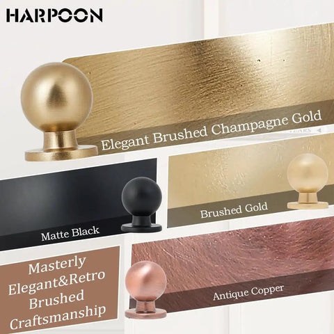 Various finishes of cabinet knobs including Champagne Gold Brushed Brass, Matte Black, Brushed Gold, and Antique Copper displayed.