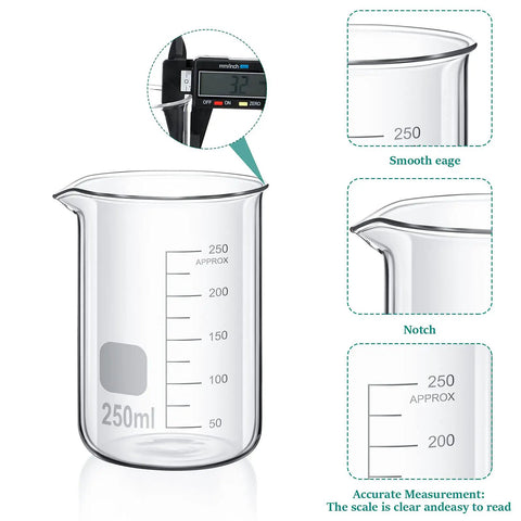 Thick Wall Beaker And Graduated Cylinder Set For Science Lab Includes 5 Beakers 4 Measuring Cylinders 3 Droppers 4 Stirring Rods 7.9 Inch Rods A User Friendly Lab Gear Classroom Chemistry Kit For Easy Experiments And Learning. Image of a 250ml beaker with smooth edge and measurement scale details, showcasing its clear measurement markings.