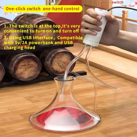 Food Grade USB Electric Auto Siphon Pump For Bottling Your Own Home Brew Beer Wine Beverages And Kombucha, 5V DC Transfer Pump Kit, shown siphoning red liquid into a decanter with a 6.5 ft hose.