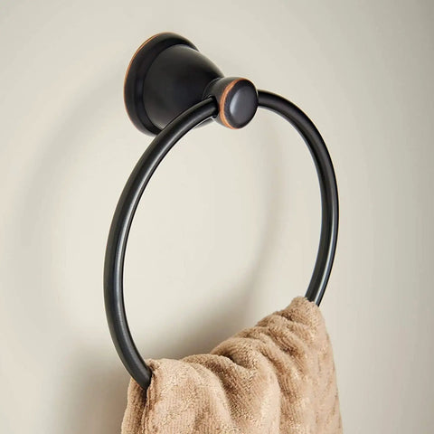 Oil Rubbed Bronze 3 Piece Bathroom Hardware Set With 24 Inch Towel Bar Towel Ring And Toilet Paper Holder For A Clean Modern Or Vintage Look Kinla Bath Accessories showing towel ring with towel