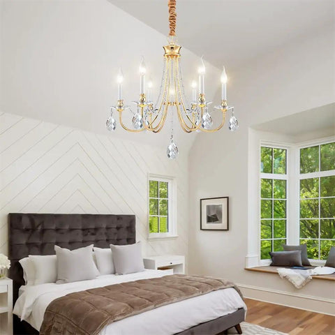 Gold Farmhouse Crystal Chandelier For Dining Room And Kitchen Island, 6 Light French Country Ceiling Fixture in bedroom setting