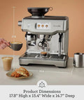 Level Up Your Daily Grind With This Pro Grade Bean To Cup Espresso Machine Featuring A Built In Grinder Automatic Milk Steamer And Sophisticated Black Truffle Design, showing dimensions 17.8" H x 15.4" W.