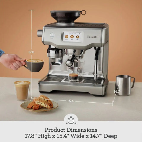 Level Up Your Daily Grind With This Pro Grade Bean To Cup Espresso Machine Featuring A Built In Grinder Automatic Milk Steamer And Sophisticated Black Truffle Design, showing dimensions 17.8" H x 15.4" W.