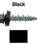 Image of a 1-inch black hex head roofing screw with EPDM washer, part of 250 pack 10 X 1 inch black hex head roofing screws with EPDM washer for metal to wood siding self starting screws colored heads built to last and made to match many metal roofing brands with durable polyurethane painted heads.