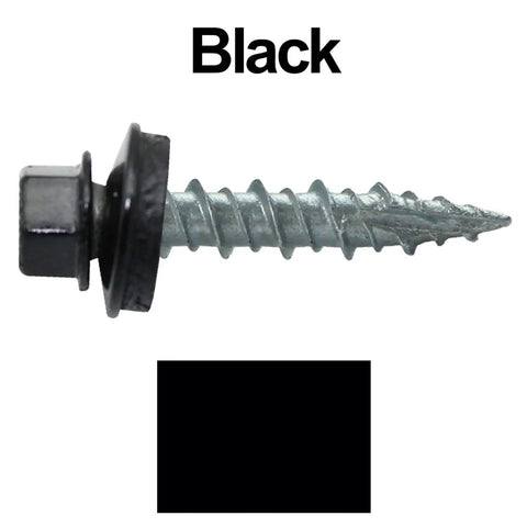 Image of a 1-inch black hex head roofing screw with EPDM washer, part of 250 pack 10 X 1 inch black hex head roofing screws with EPDM washer for metal to wood siding self starting screws colored heads built to last and made to match many metal roofing brands with durable polyurethane painted heads.