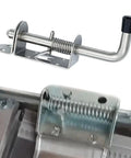 Keyless Spring Latch for Barn and Garage, stainless steel, with spring mechanism, shown from an angle, measures 15cm x 10cm x 4cm.