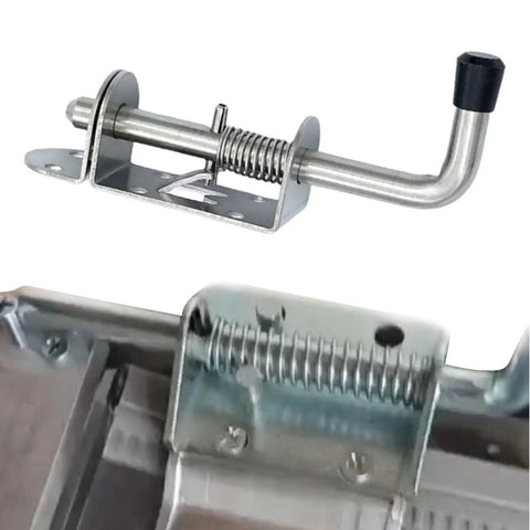 Keyless Spring Latch for Barn and Garage, stainless steel, with spring mechanism, shown from an angle, measures 15cm x 10cm x 4cm.