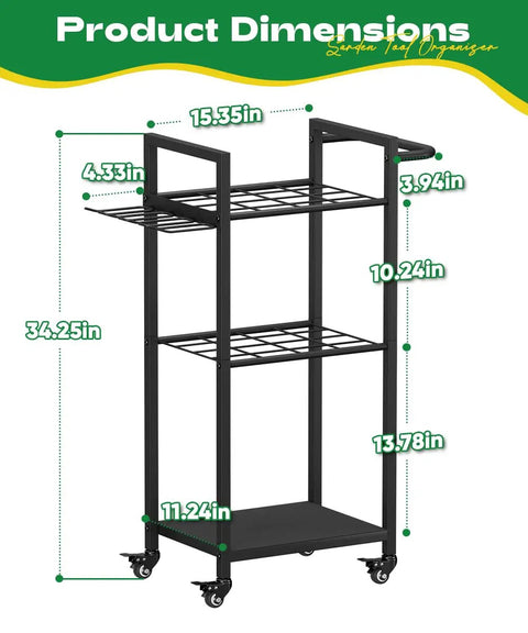 Heavy Duty 3 Tier Metal Garden Tool Organizer On Wheels With Side Hooks Freestanding Garage Storage Rack dimensions
