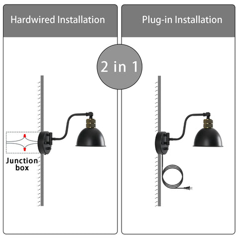 Two Pack Plug In Wall Sconces With Swing Arm Lamps And Dimmable Switch Farmhouse Industrial Vintage Lighting, 2-in-1 installation.