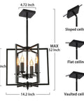 Industrial Farmhouse Pendant Light Fixture Four Lights Flush Mount Metal Ceiling Light With Adjustable Height black display.