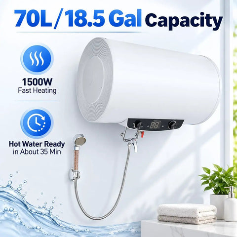 Heavy Duty Wall Mounted Electric Water Heater With 18.5 Gallon Tank And 1500 Watt Fast Heat Coil showing sleek design and digital control.