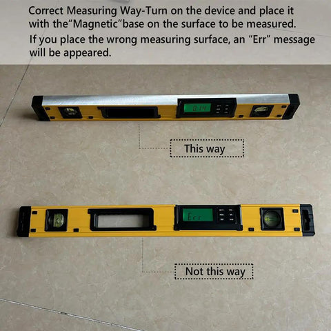 Correct and incorrect usage of 24 Inch Digital Torpedo Level And Protractor With Neodymium Magnets, illustrating LCD display orientation.