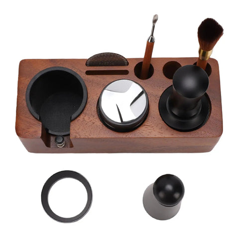 Portable Solid 58mm Stainless Steel Coffee Tamper Kit With Wooden Tamping Station, tools and brush arranged on wooden pad.