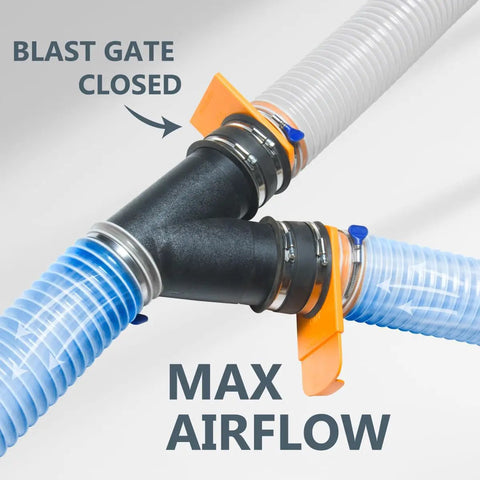 2-1/2 Inch Integrated Blast Gate Fitting For Dust Collection Systems, shown with airflow direction, clog resistant design