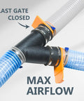 2 Pack 4 Inch Integrated Blast Gate For Dust Collection Systems With Clog Resistant Gapless Design And Seamless Sliding Gate Tapered ABS Plastic Fittings showing dual hoses
