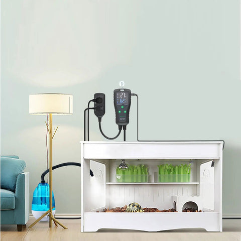Room setup showing 2 In 1 All In One Temperature And Humidity Controller Outlet Plug In Thermostat Humidistat on reptile enclosure.