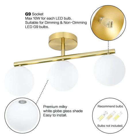 Three Light Vanity Light Fixtures In Gold Brass Finish With Dimmable Wall Sconce For Bath Mirror Milk Glass Shades With G9 Base