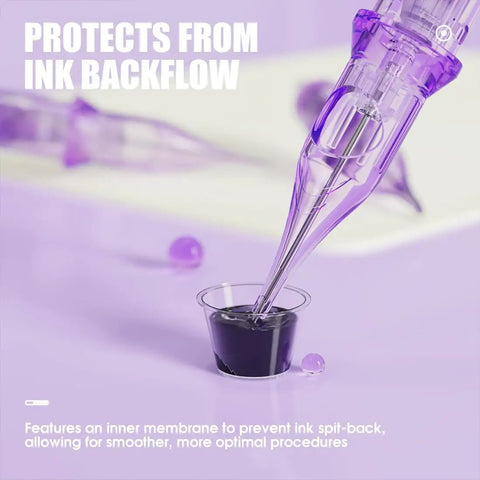 Pro2 Tattoo Needle Cartridges With Textured Pin Tech For Slick Ink Flow Control 20 Pack Round Liner membrane, purple