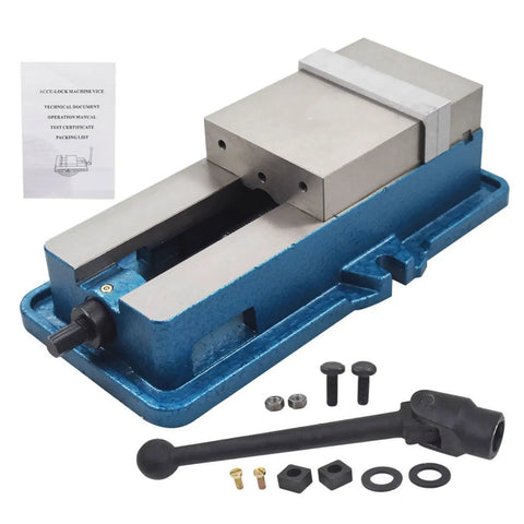 Industrial Precision Mill Vise With Rock Solid Clamping Force And Tough As Nails Cast Iron Jaws For Heavy Duty Milling Drilling And Machine Shop Projects, close-up view showing details.
