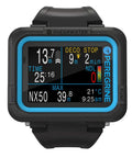 Front view of Peregrine Dive Computer with two-button interface, state-aware menu, 316 stainless steel, black finish, colorful display.