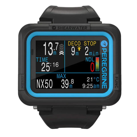 Front view of Peregrine Dive Computer with two-button interface, state-aware menu, 316 stainless steel, black finish, colorful display.