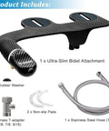 Ultra Slim Dual Nozzle Bidet Attachment For Toilet With Adjustable Water Pressure Non Electric Fresh Cold Water Seat Attachment For Feminine And Posterior Wash No Fuss Easy Install Black shown with accessories including T-adapter, hose, and washers
