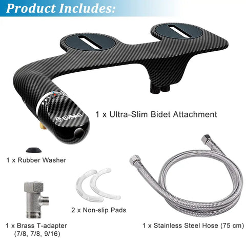 Ultra Slim Dual Nozzle Bidet Attachment For Toilet With Adjustable Water Pressure Non Electric Fresh Cold Water Seat Attachment For Feminine And Posterior Wash No Fuss Easy Install Black shown with accessories including T-adapter, hose, and washers