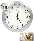1080P Indoor Security Wall Clock Camera With Motion Detection Hidden Nanny Cam For Home Office No WiFi No Audio Spy Clock That Fits Your Wall And Lets You Monitor Day And Night Without Obvious Camera Exposure, silver round clock face, woman at desk inset.